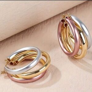 Tri-Tone Hoop Earrings - Pink, Gold & Silver -